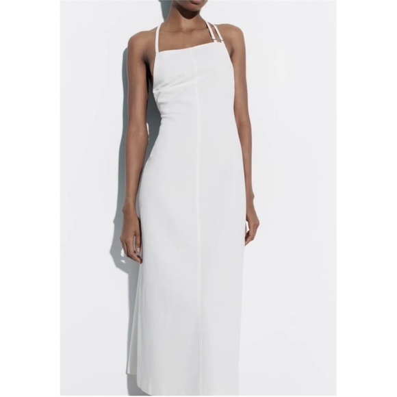 Zara White Cotton Square Neck Strappy Apron Midi Dress Womens Size S Bridal - Picture 3 of 4